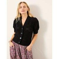 FatFace Cotton Rich Pointelle V-Neck Cardigan Black