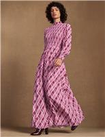 Checked High Neck Shirred Maxi Dress