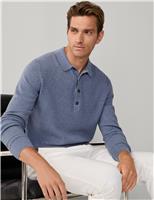 Hackett Merino Wool Rich Textured Knitted Polo Shirt Blue