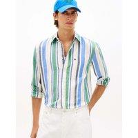 Tommy Hilfiger Regular Fit Linen Blend Striped Shirt Green Mix