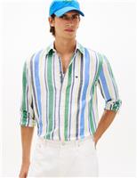 Tommy Hilfiger Regular Fit Linen Blend Striped Shirt Green Mix