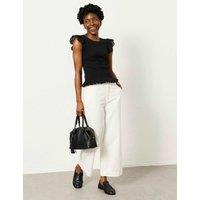 FatFace Pure Cotton Broderie Sleeve Shirred Top Black