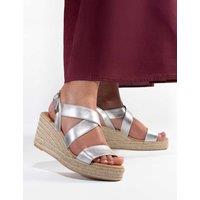 Jones Bootmaker Leather Metallic Wedge Espadrille Sandals Silver