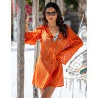 Pour Moi Free Spirit Lace Long Sleeve Beach Dress Orange