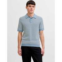 JACK & JONES Pure Cotton Textured Knitted Polo Shirt Light Blue