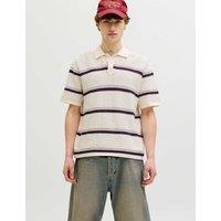 JACK & JONES Pure Cotton Striped Knitted Polo Shirt White Mix