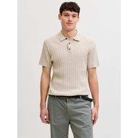 JACK & JONES Pure Cotton Cable Knitted Polo Shirt Beige