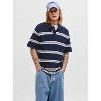 JACK & JONES Pure Cotton Striped Knitted Polo Shirt Navy