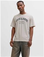 JACK & JONES Pure Cotton Graphic Slogan T-Shirt Cream Mix