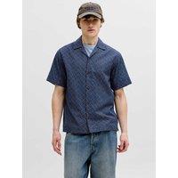 JACK & JONES Relaxed Fit Pure Cotton Geometric Short Sleeve Shirt Dark Navy