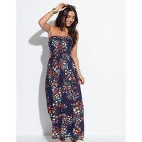 Pour Moi Emma Strapless Shirred Bodice Woven Maxi Beach Dress Dark Navy Mix