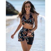 Pour Moi Floral Shirred High Waisted Beach Shorts Black Mix