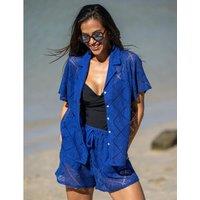 Pour Moi Free Spirit Crochet Co-Ord Shirt & Short Set Blue