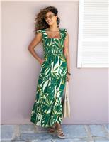 Cotton Rich Leaf Print Maxi Tiered Dress