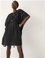 Monsoon Pure Cotton Embellished V-Neck Mini Kaftan Pink