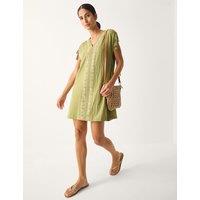 Monsoon Pure Cotton Embroidered V-Neck Mini Kaftan Khaki