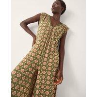 Monsoon Floral Print Sleeveless Wide Leg Jumpsuit Khaki