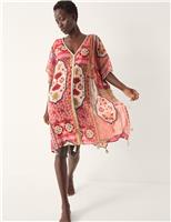 Monsoon Printed V-Neck Mini Beach Dress Dark Pink