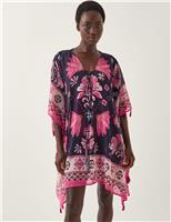 Monsoon Abbie Floral Print Mini Kaftan Navy