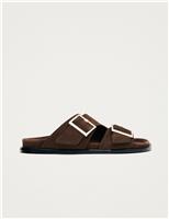 Alohas Leather Buckle Flat Sliders Brown