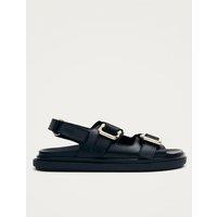 Alohas Leather Buckle Flat Slingback Sandals Black