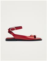 Alohas Leather Buckle Ankle Strap Flat Sandals Red