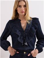 Cotton Rich Denim V-Neck Frill Detail Blouse