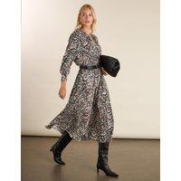 BAUKJEN Printed Band Collar Midi Waisted Dress Black Mix