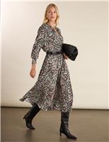 Printed Band Collar Midi Waisted Dress