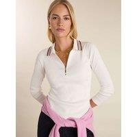 BAUKJEN Pure Cotton Stripe Collar Half Zip Top Soft White