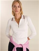 Pure Cotton Stripe Collar Half Zip Top