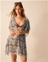 Striped V-Neck Tie Waist Mini Kaftan