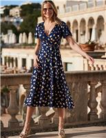 Metallic Spot Print V-Neck Midi Wrap Dress