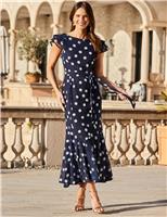 SOSANDAR Spot Print Frill Hem Midaxi Waisted Dress Navy Mix