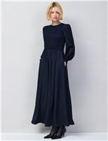 Checked Shirred Midaxi Dress