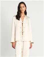 Jag Satin Tie Front Collared Shirt Cream
