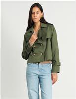 Jag Pure Cotton Double Breasted Cropped Trench Coat Khaki