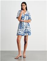 Linen Rich Lovebird Print Mini Shirt Dress