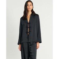 Jag Satin Tie Front Collared Shirt Black