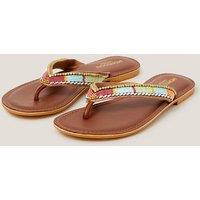 Monsoon Leather Beaded Flat Flip Flops Ivory Mix