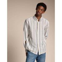 Boss Regular Fit Linen Cotton Blend Striped Shirt Beige