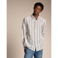 Boss Regular Fit Linen Cotton Blend Striped Shirt Beige