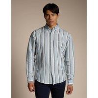 Boss Regular Fit Linen Cotton Blend Striped Shirt Light Blue