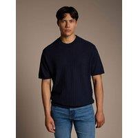 Boss Linen Cotton Blend Textured T-Shirt Navy