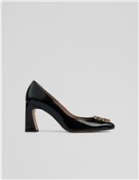 Leather Block Heel Square Toe Court Shoes