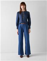 Denim Crew Neck Scallop Placket Blouse