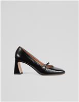 Leather Patent Block Heel Court Shoes