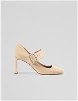 Leather Buckle Block Heel Court Shoes