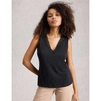 White Stuff Linen Blend Lace Trim V-Neck Vest Top Black