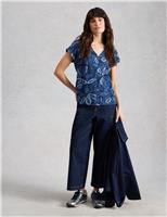 White Stuff Pure Cotton Floral V-Neck T-Shirt Blue Mix